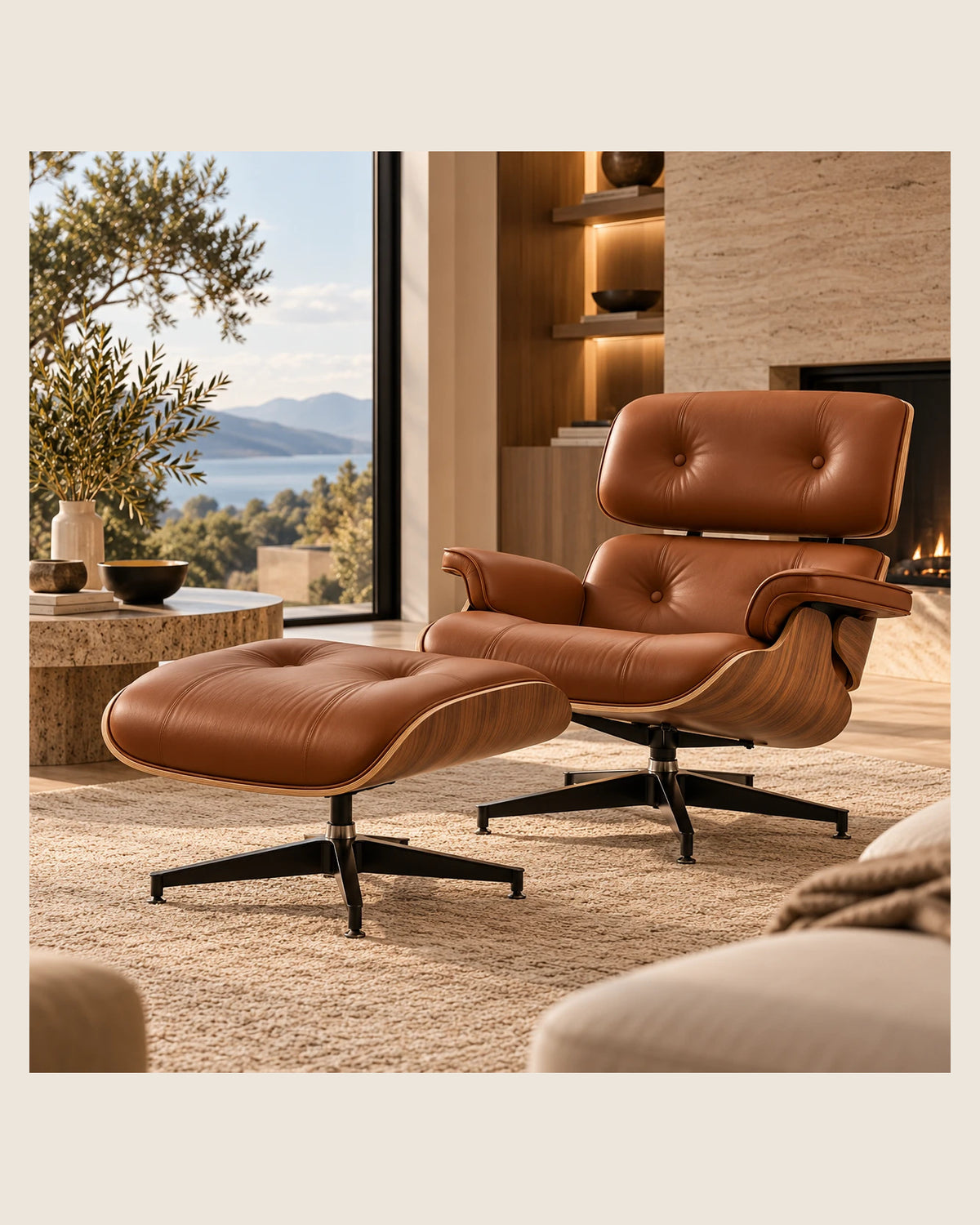 Fauteuil Lounge Signature cognac dans un salon lumineux