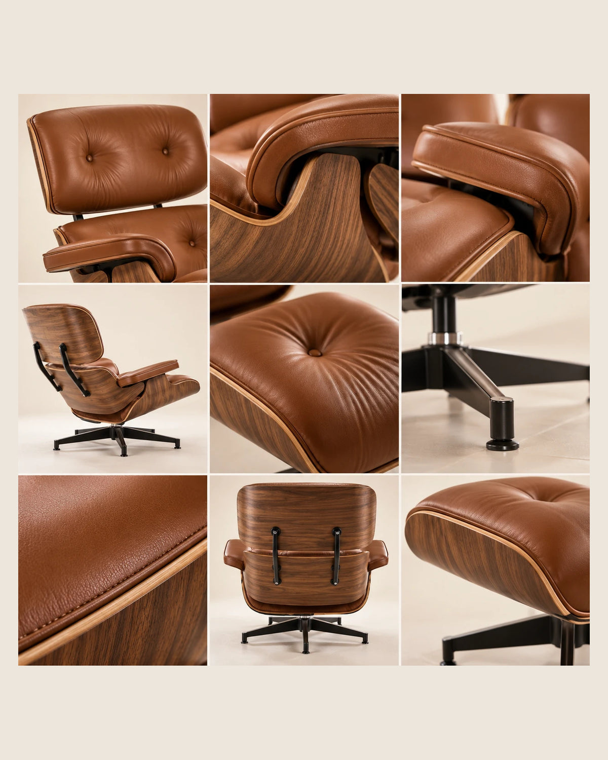 Détails du Fauteuil Lounge Signature cognac : cuir, capitonnage et bois