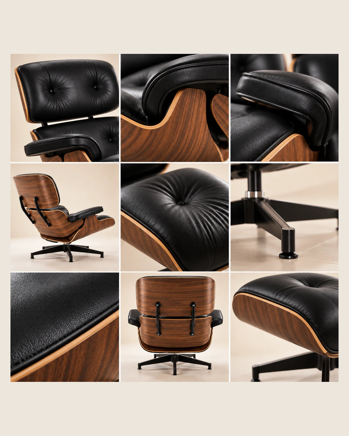Détails du Fauteuil Lounge Signature noir : cuir, capitonnage et bois