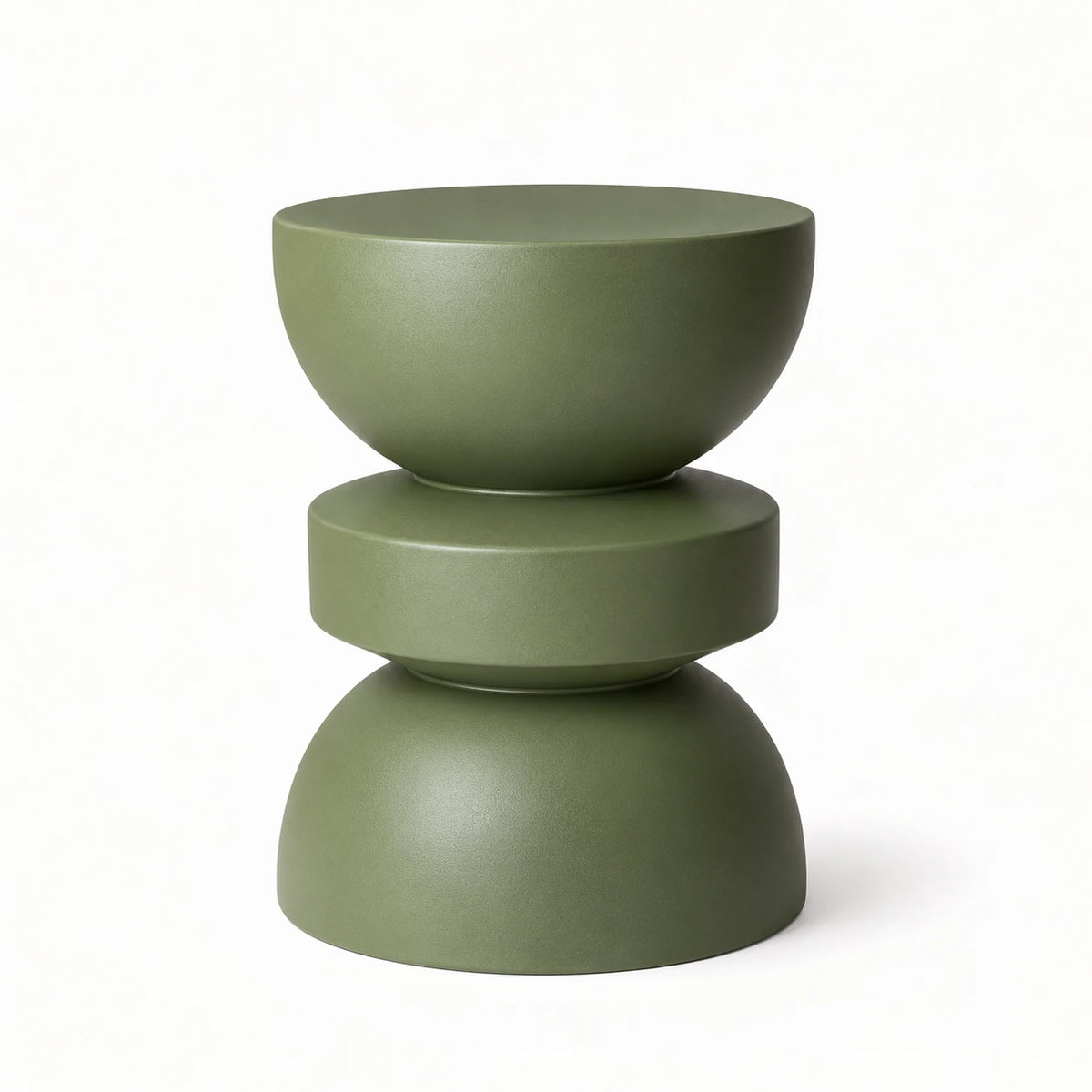 Table d'appoint Équilibre vert olive, silhouette en sablier sur fond blanc