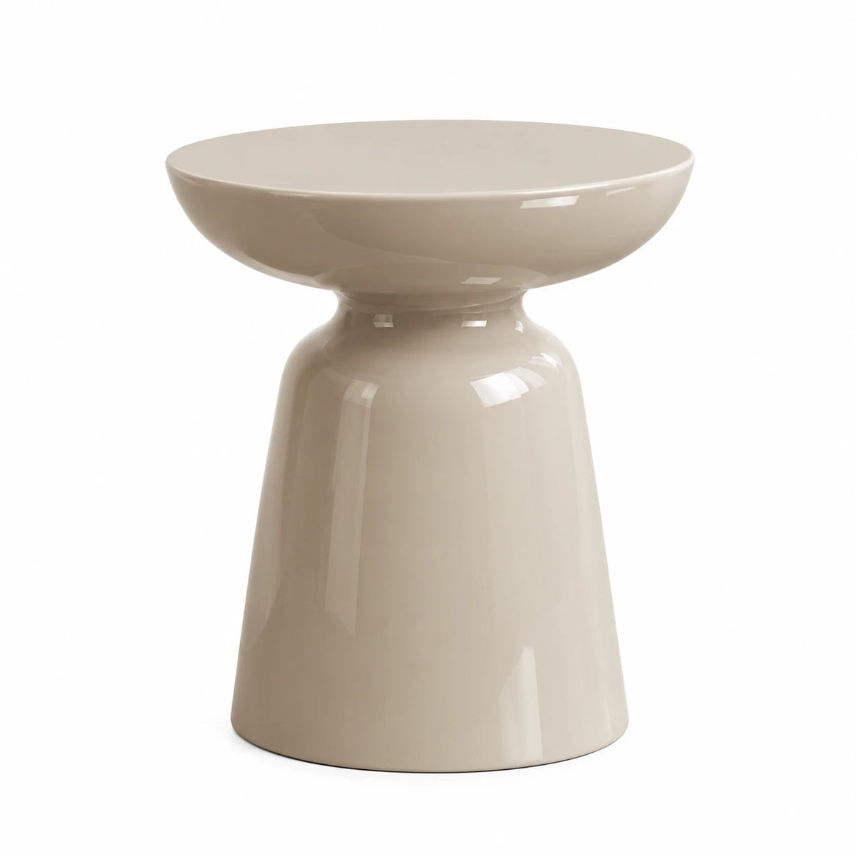 Table d'appoint Calice grège brillant, plateau rond et base évasée, sur fond blanc