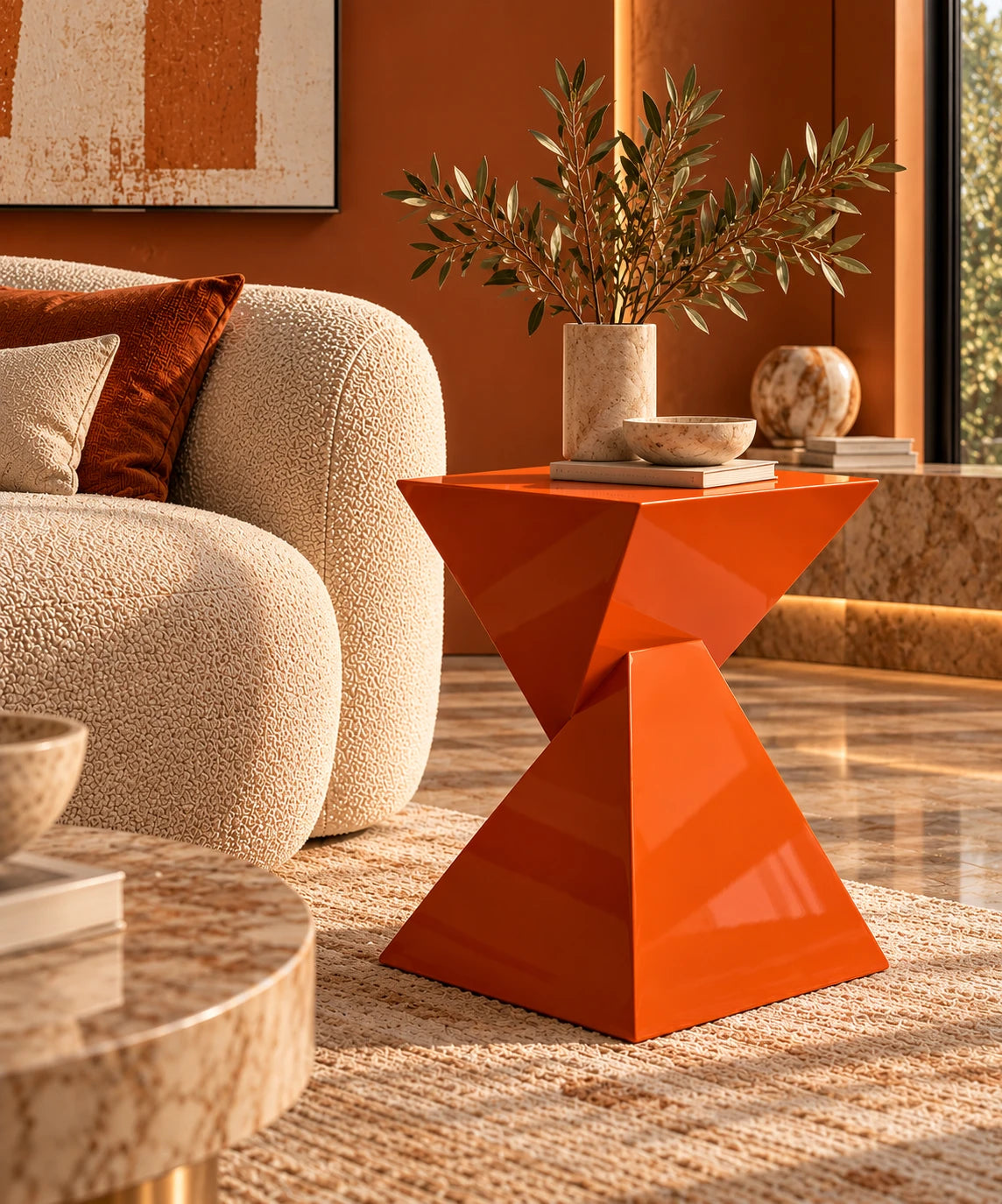Table d'appoint Prisme orange brillant près d'un canapé bouclette, avec un vase et une branche d'olivier