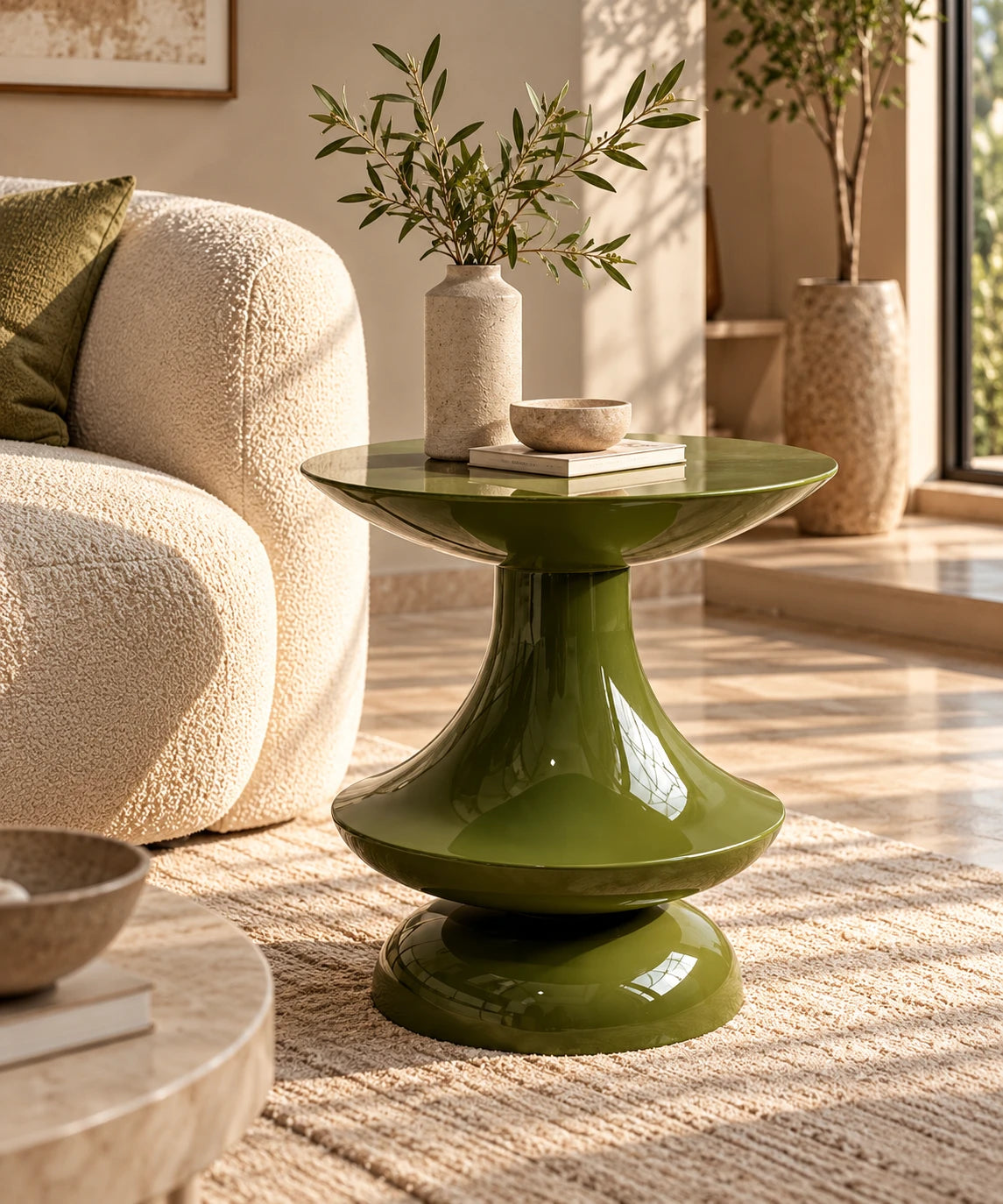 Table d'appoint Toupie vert olive brillant près d'un canapé bouclette, avec un vase et une branche d'olivier